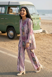 Multi Color Geometric Print Round Neck Linen Co-Ord Set For Women