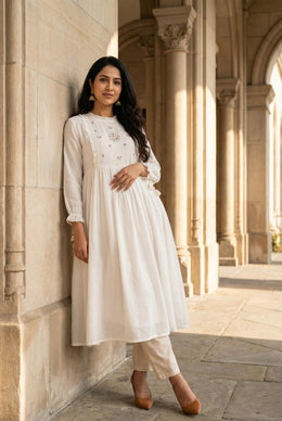 White Round Neck Floral Embroidered  Kurta Set For Women