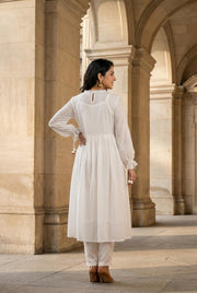 White Round Neck Floral Embroidered  Kurta Set For Women