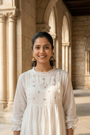 White Round Neck Floral Embroidered  Kurta Set For Women