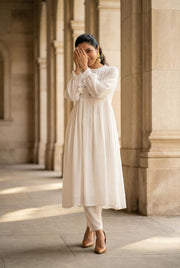 White Round Neck Floral Embroidered  Kurta Set For Women