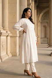 White Round Neck Floral Embroidered  Kurta Set For Women
