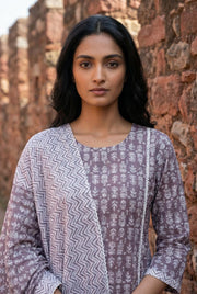 Grey Floral Print Round Neck Cotton Kurta Set With Dupatta