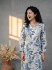 White Floral Print Kurta Set For Women
