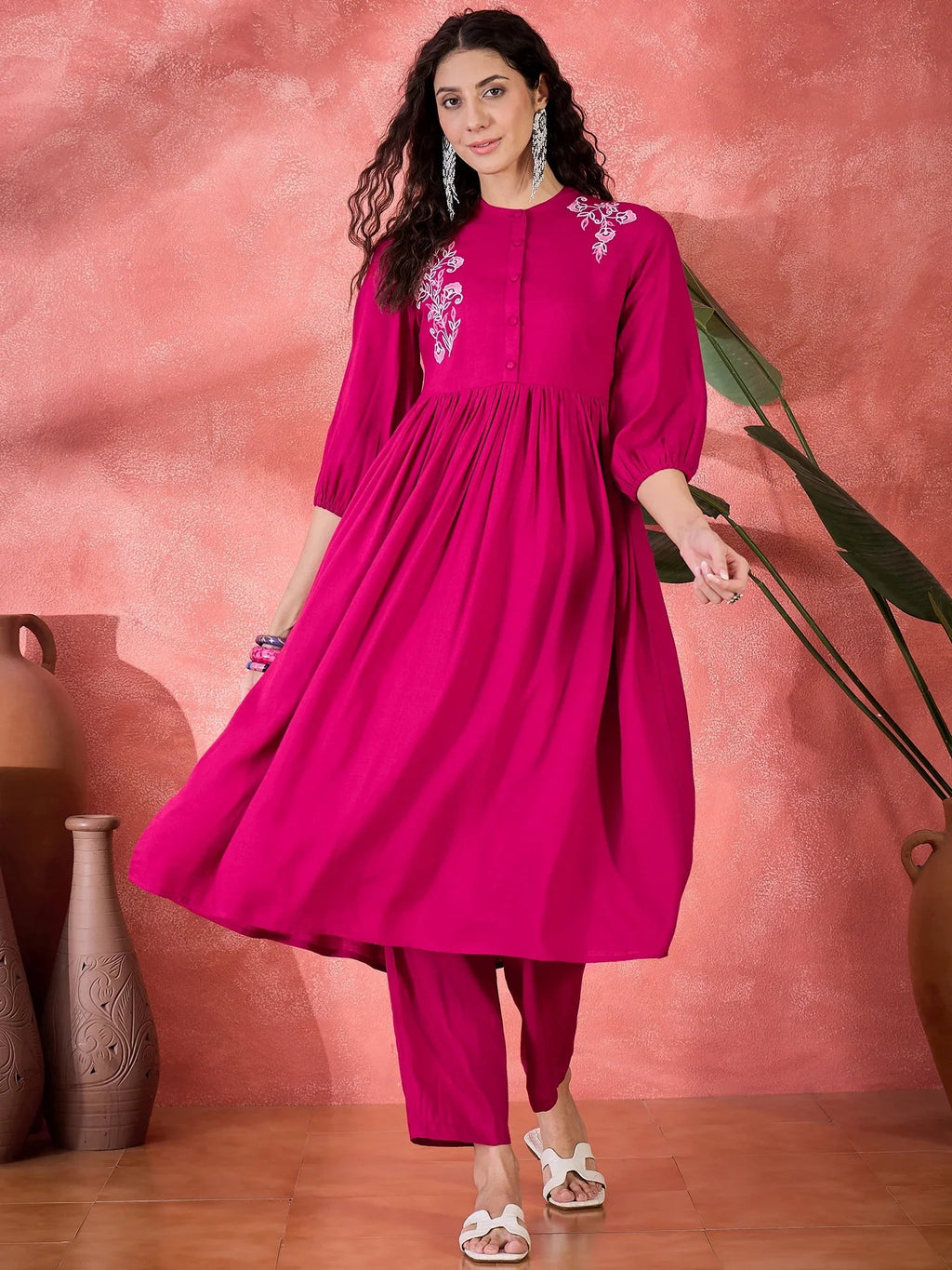 Pink Viscose Rayon Knee Length Round Neck Kurta set for Women - SanskrutiHomes 