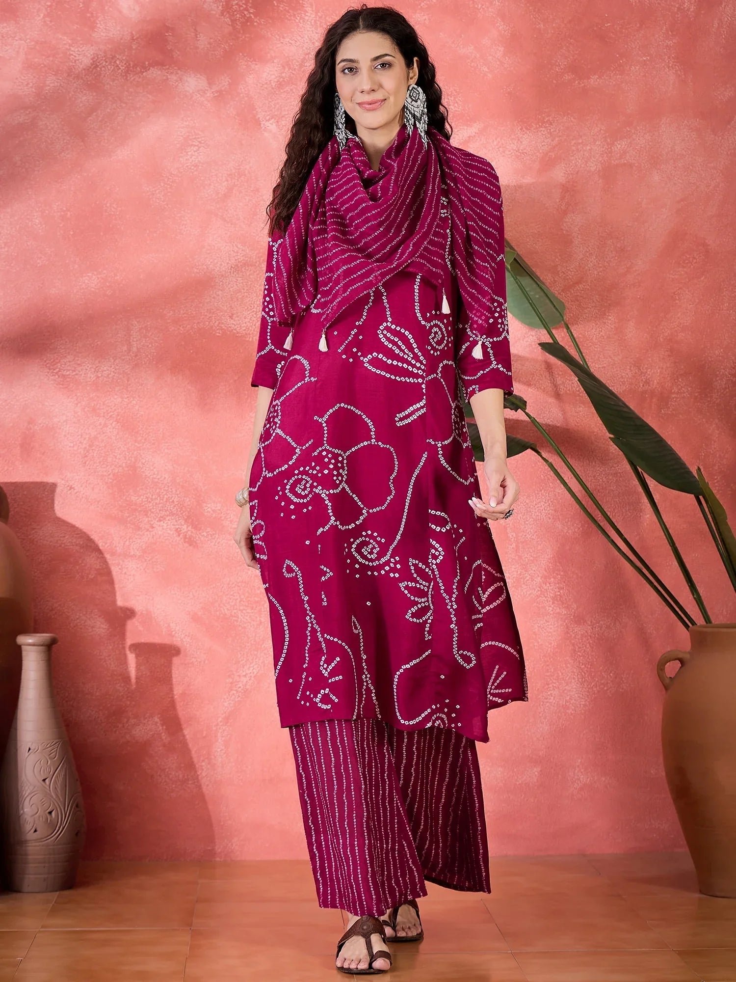 Brown Pure Cotton Calf Length Round Neck Kurta set for Women - SanskrutiHomes 