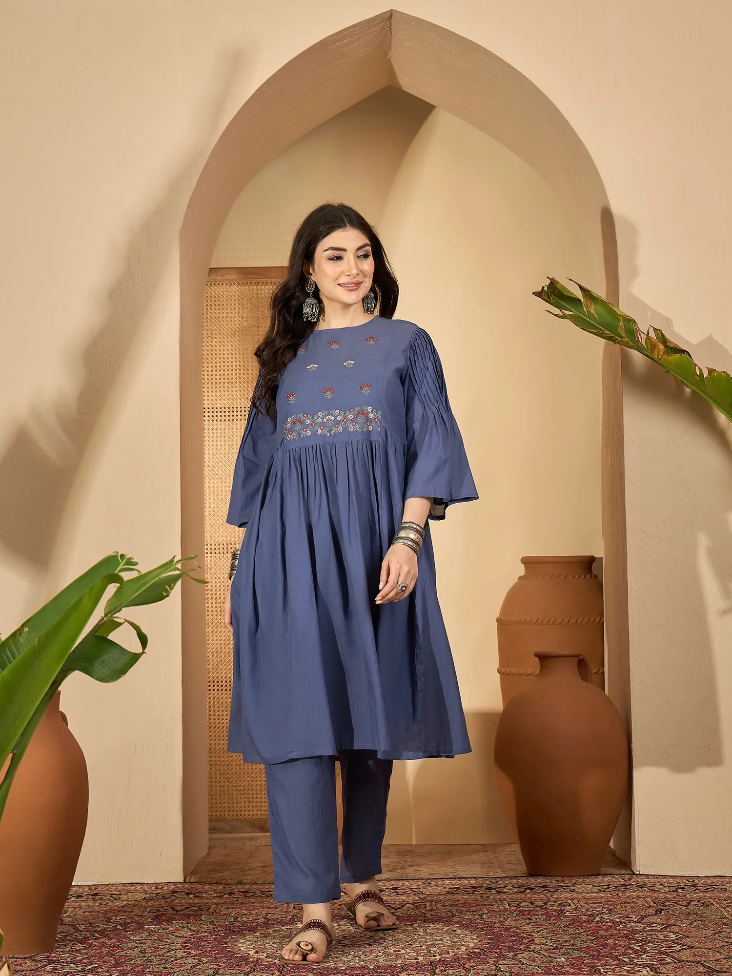 Blue Solid Halter Neck Viscose Rayon Kurta Set for Women - SanskrutiHomes 