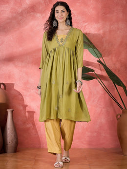 Green Viscose Calf Length V-Neck Kurta set for Women - SanskrutiHomes 