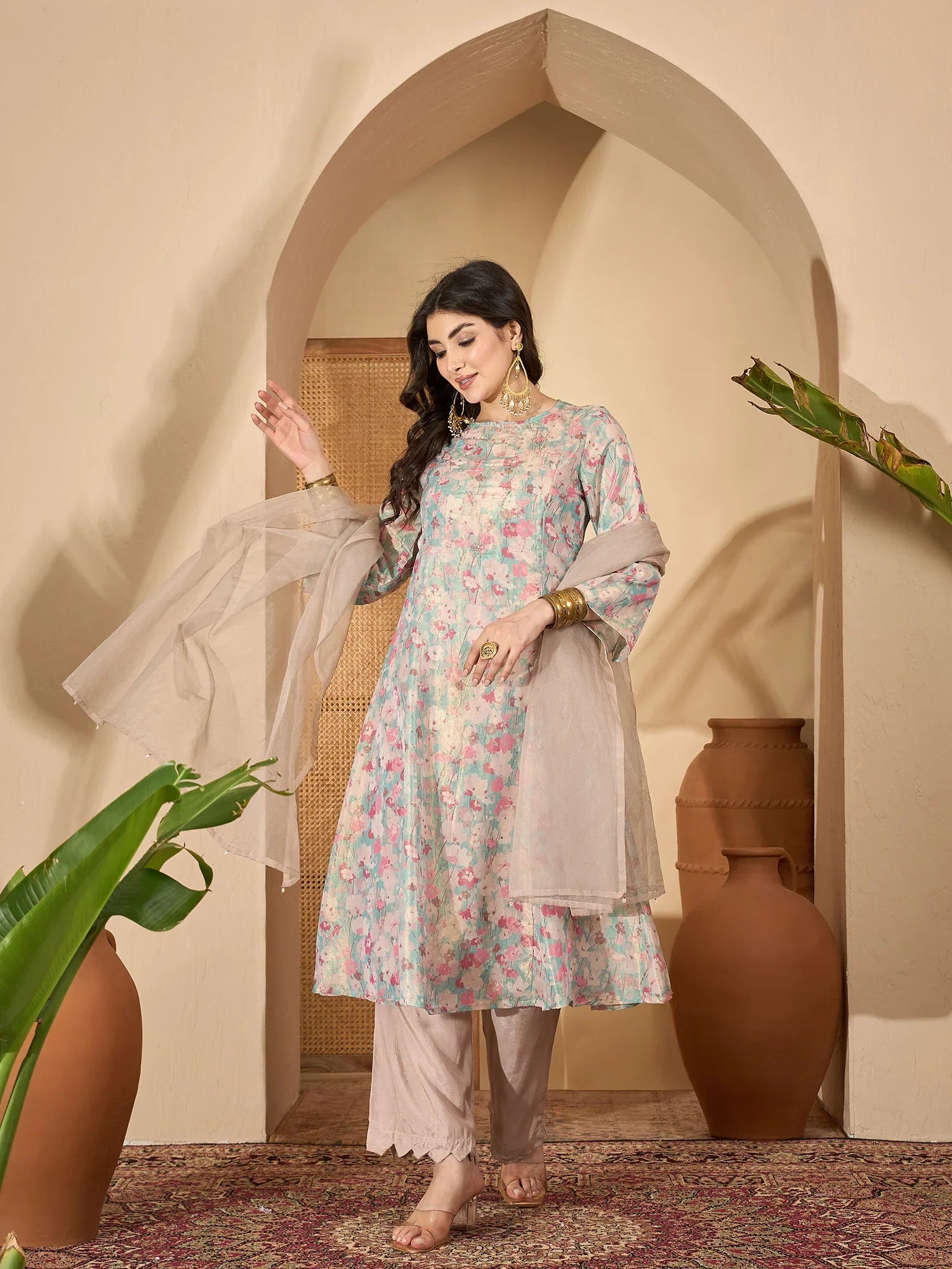 Sea Green Printed Round Neck Viscose Rayon Kurta Set for Women - SanskrutiHomes 