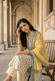 Off White  Floral Print Cotton Kurta Set With Dupatta