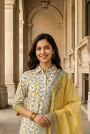 Off White  Floral Print Cotton Kurta Set With Dupatta