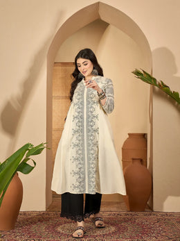 Off White Printed Mandarin Collar Pure Cotton Kurta Set for Women - SanskrutiHomes 