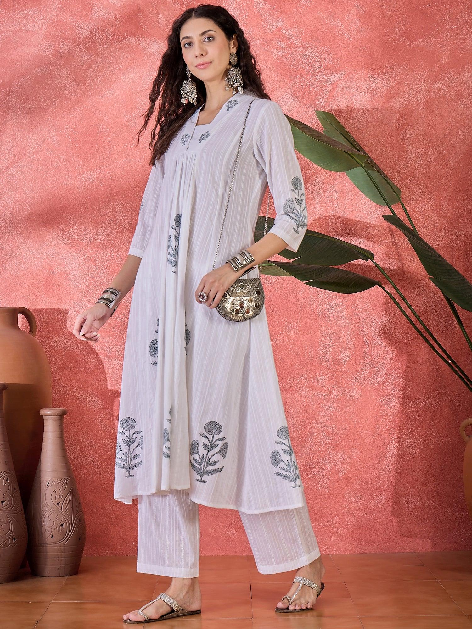 White Pure Cotton V-Neck Floral Kurta Set for Women - SanskrutiHomes 