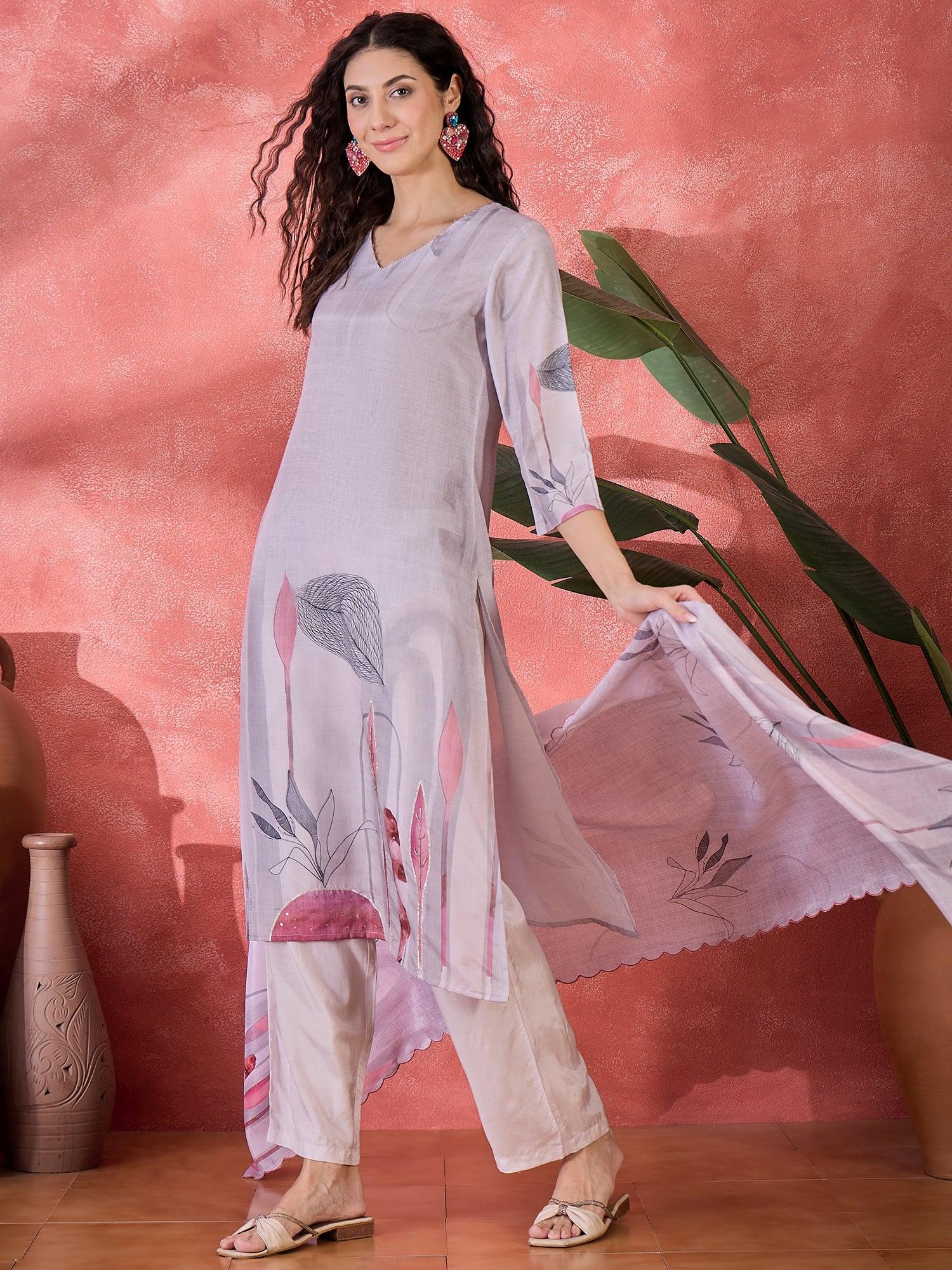 Pink Art Silk V-Neck Floral Kurta Set for Women - SanskrutiHomes 