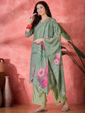 Green Art Silk V-Neck Floral Kurta Set for Women - SanskrutiHomes 