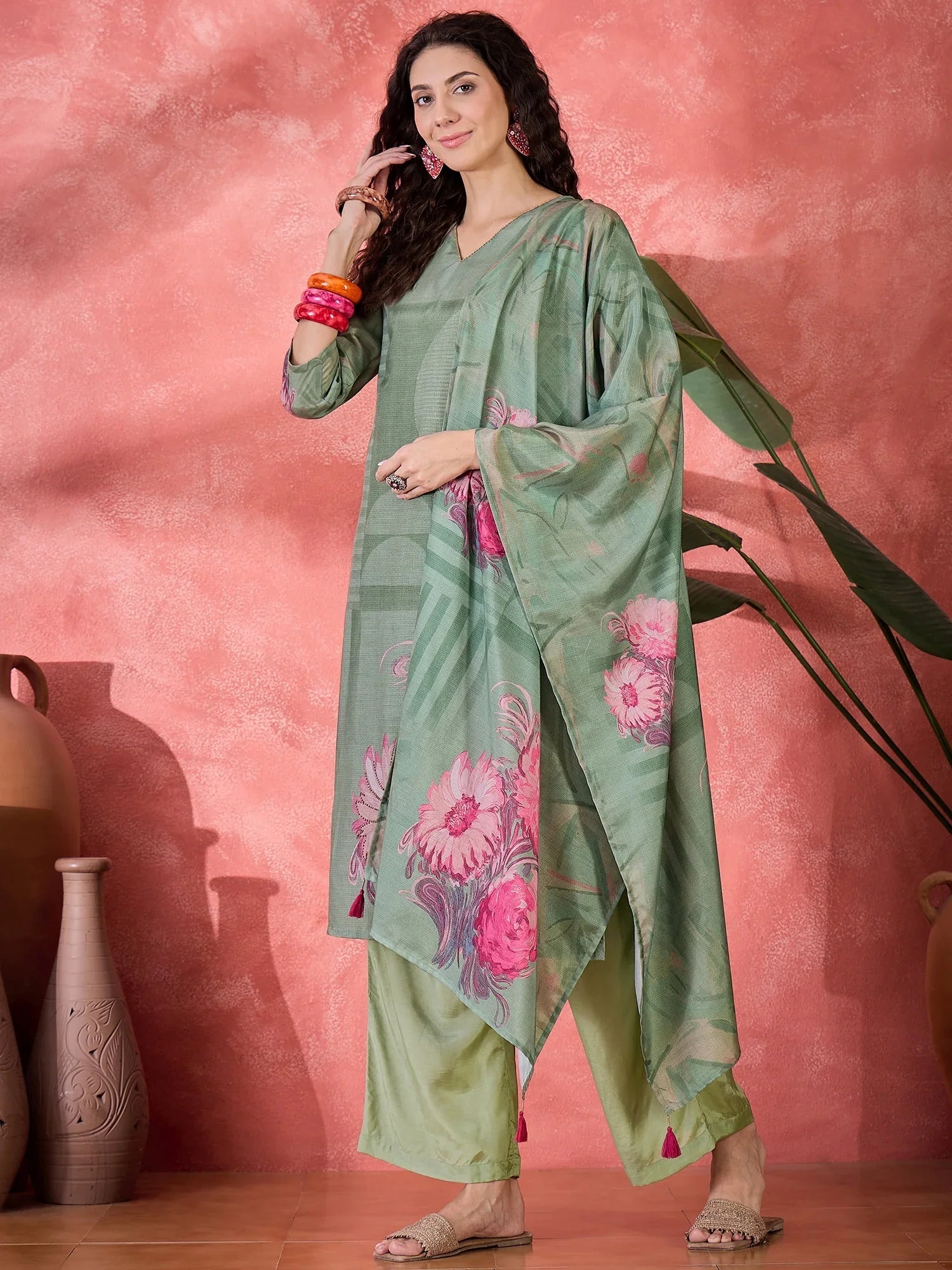 Green Art Silk V-Neck Floral Kurta Set for Women - SanskrutiHomes 