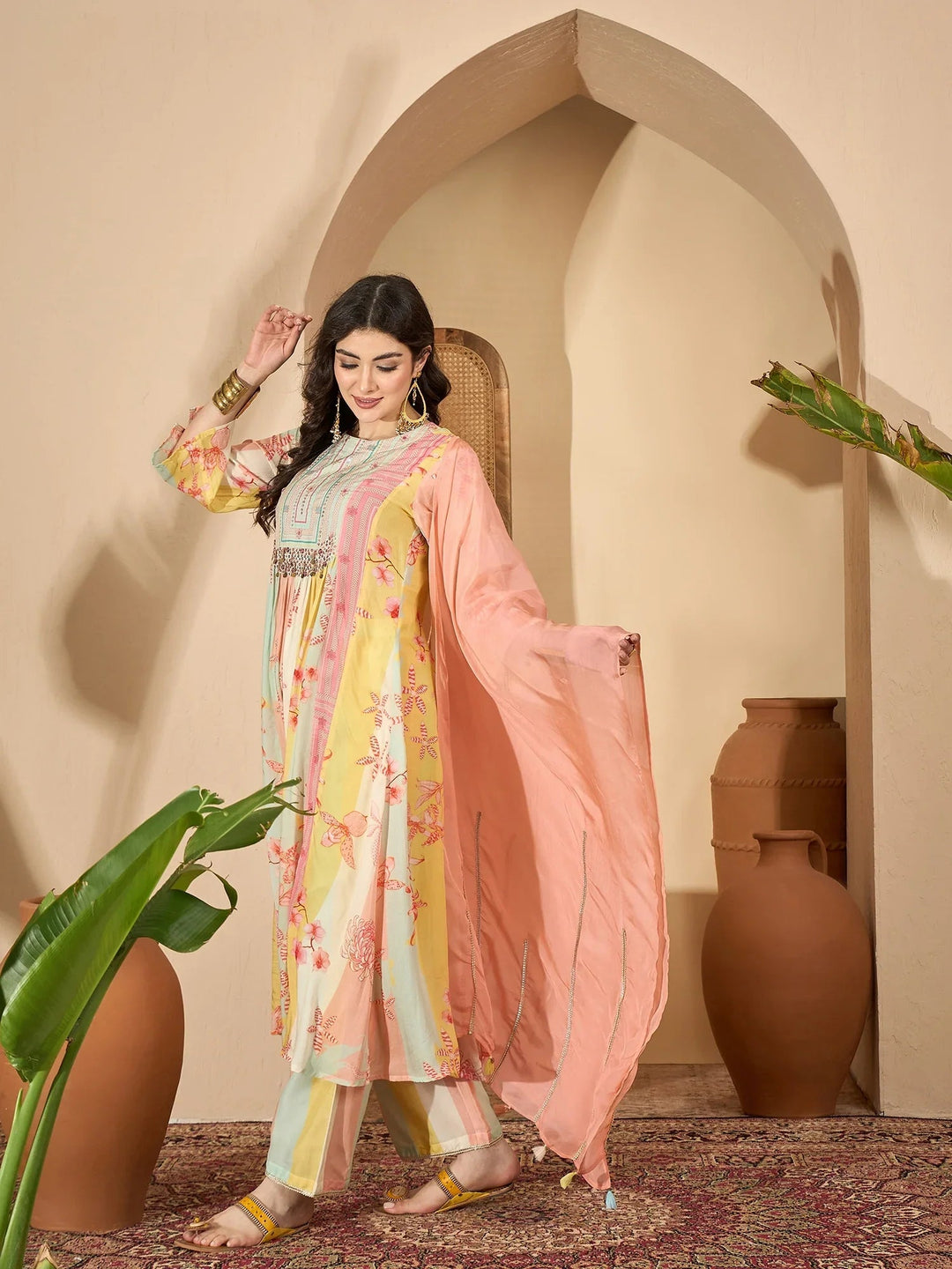 Multicolor Printed Round Neck Pure Cotton Kurta Set For Women