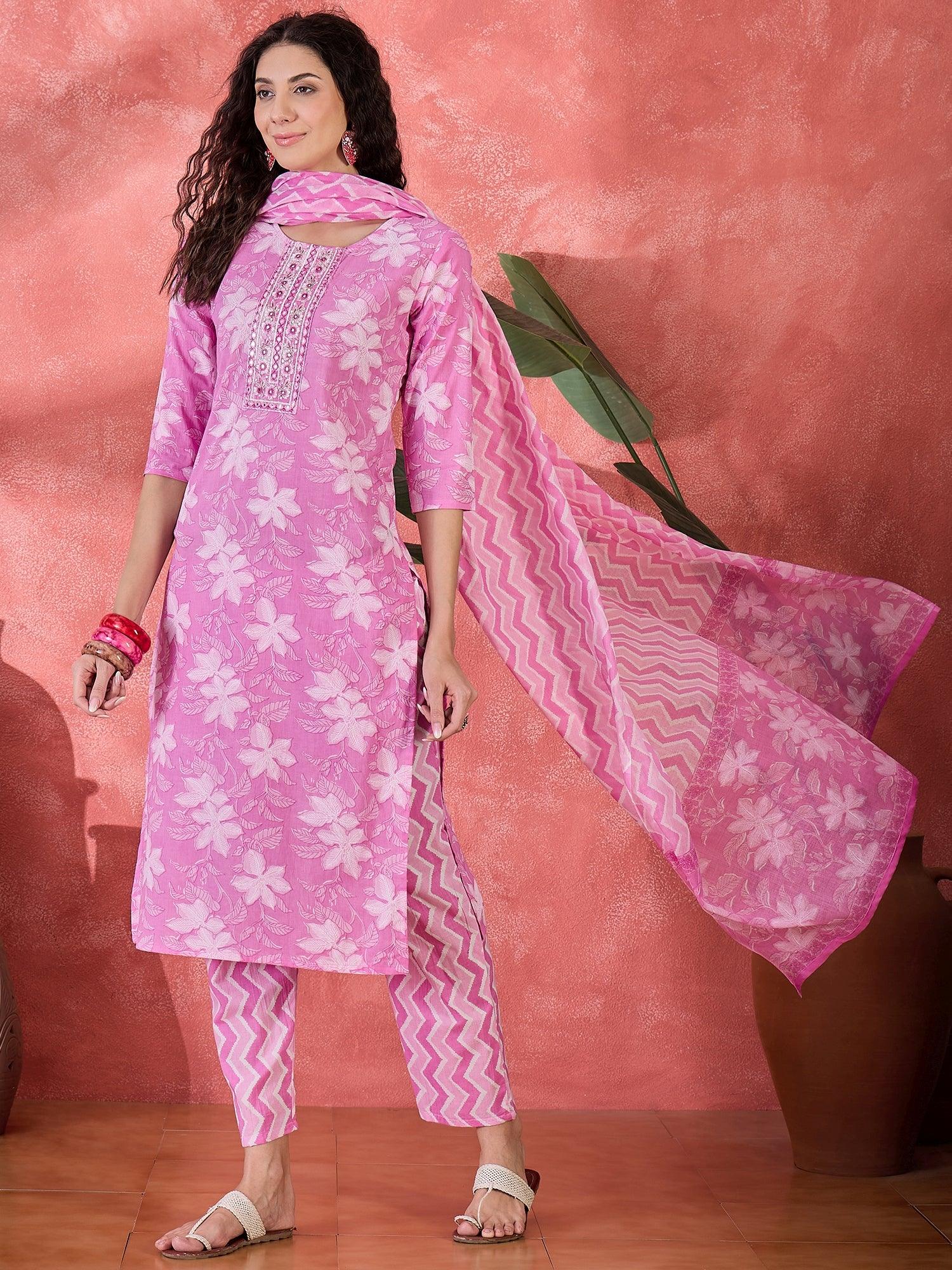 Pink Pure Cotton Round Neck Floral Kurta Set for Women - SanskrutiHomes 