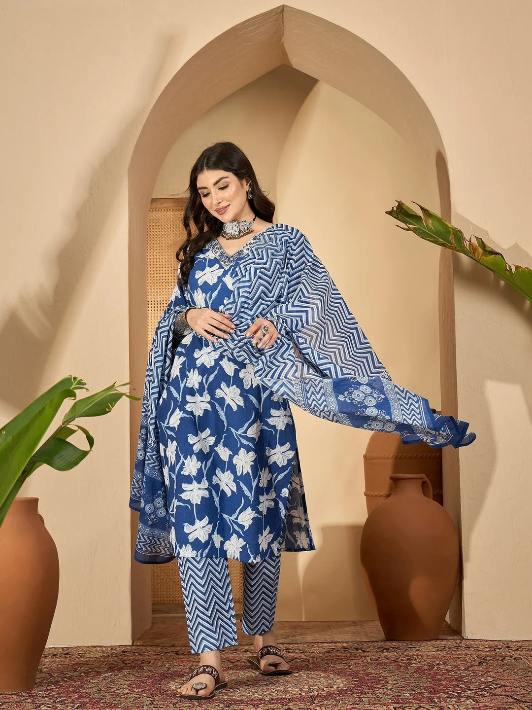 blue Printed Round Neck Pure Cotton Kurta Set for Women - SanskrutiHomes 