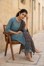Blue Round Neck Cotton Flex Kurta Set For Women