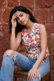 White Floral Printed Wrap Top For Women