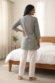 Sea Green Stripes Print Cotton Round Neck Top For Women