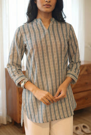 Sea Green Stripes Print Cotton Round Neck Top For Women