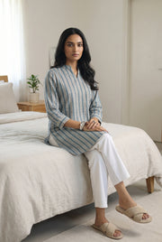 Sea Green Stripes Print Cotton Round Neck Top For Women