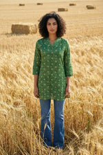 Green Solid Print V-Neck Cotton Top for Women - SanskrutiHomes 