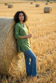Green Solid Print V-Neck Cotton Top for Women - SanskrutiHomes 