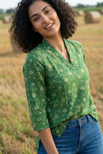 Green Solid Print V-Neck Cotton Top for Women - SanskrutiHomes 