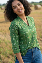 Green Solid Print V-Neck Cotton Top for Women - SanskrutiHomes 
