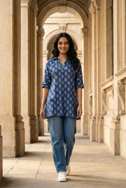 Blue Shirt Collar Floral Print Cotton Top For Women