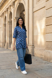 Blue Shirt Collar Floral Print Cotton Top For Women