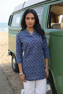 Blue V-Neck Geometric Print Cotton Top For Women