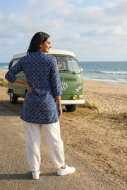 Blue V-Neck Geometric Print Cotton Top For Women