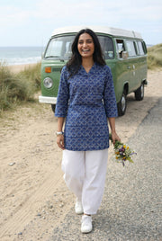 Blue V-Neck Geometric Print Cotton Top For Women