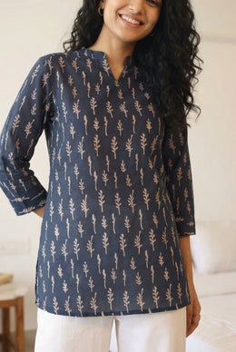 Blue Mandarin Collar Floral Print Cotton Top For Women