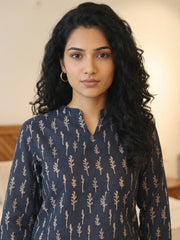 Blue Mandarin Collar Floral Print Cotton Top For Women