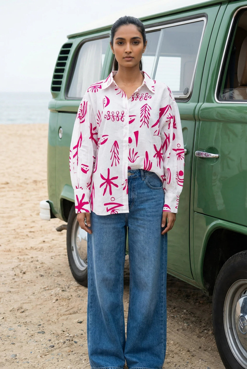 White Abstract Print Shirt Collar Cotton Top for Women - SanskrutiHomes 