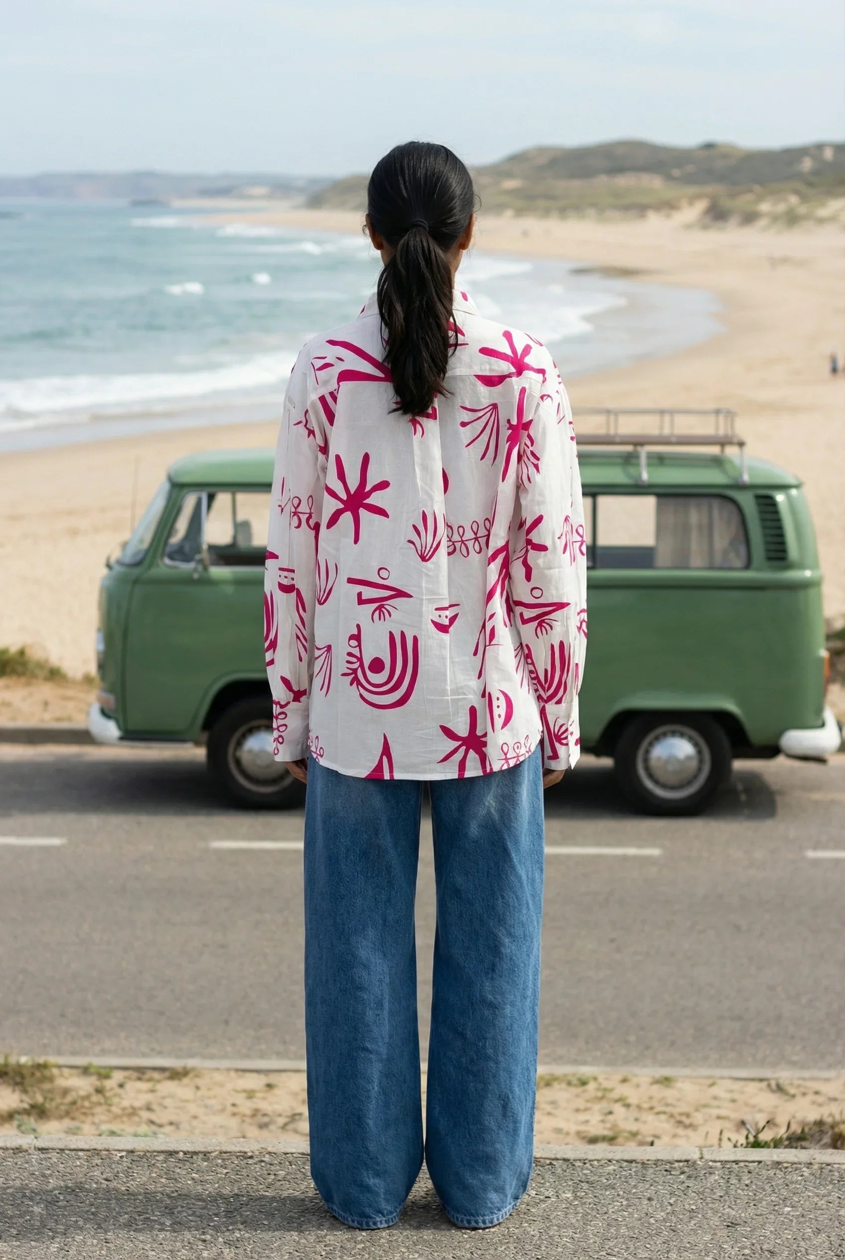 White Abstract Print Shirt Collar Cotton Top for Women - SanskrutiHomes 