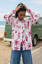 White Abstract Print Shirt Collar Cotton Top for Women - SanskrutiHomes 