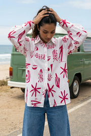 White Abstract Print Shirt Collar Cotton Top for Women - SanskrutiHomes 