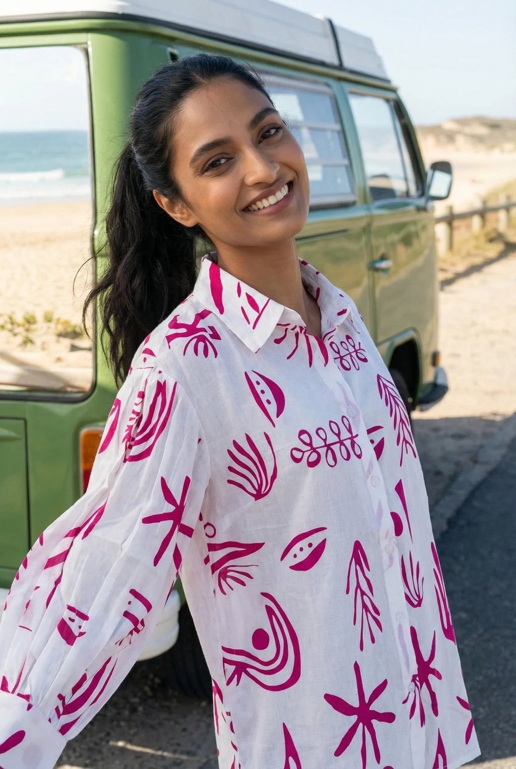 White Abstract Print Shirt Collar Cotton Top for Women - SanskrutiHomes 