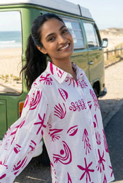White Abstract Print Shirt Collar Cotton Top for Women - SanskrutiHomes 