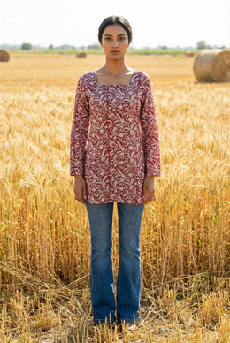 Red Floral Print Square Neck Full Sleeve Cotton Top for Women - SanskrutiHomes 