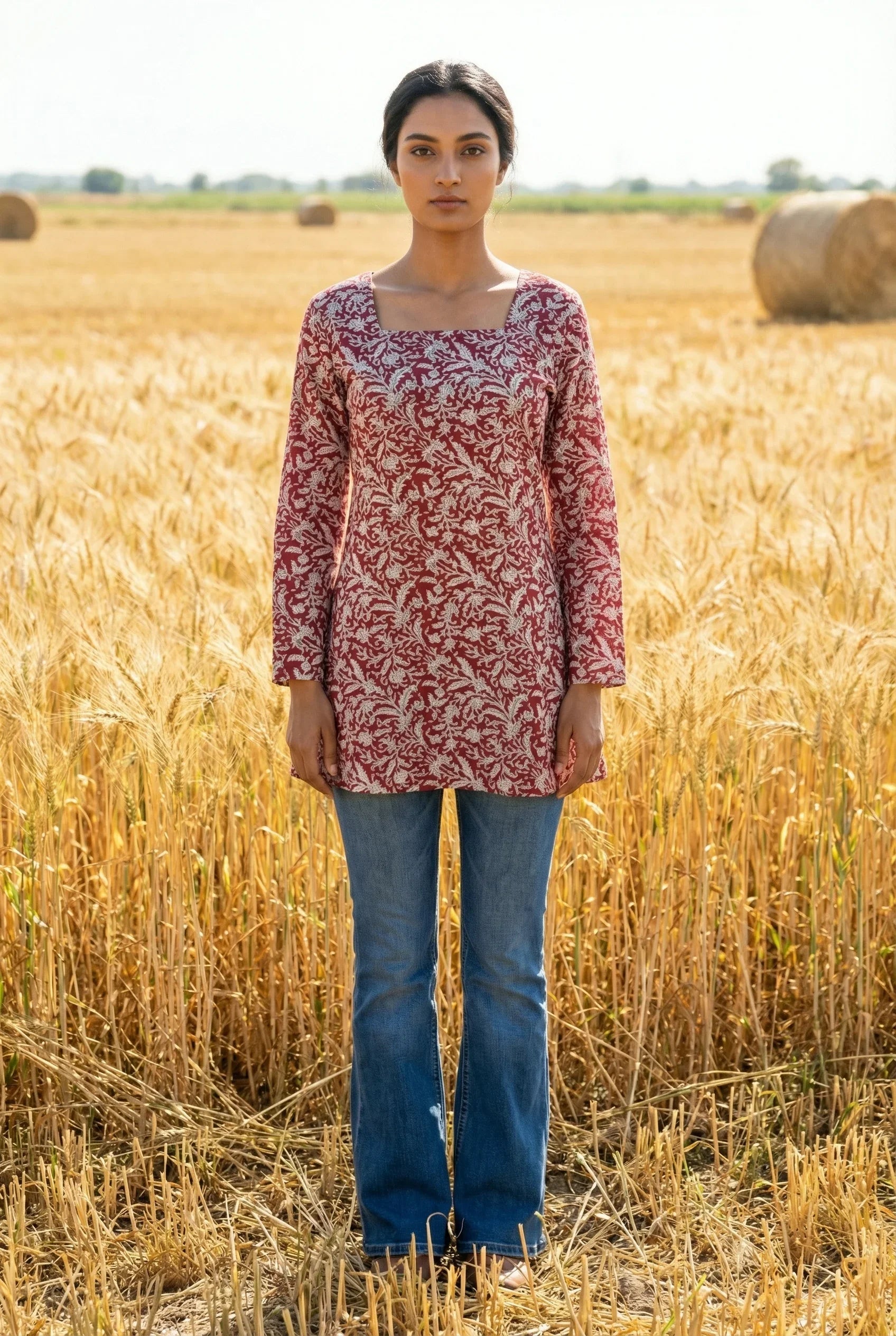 Red Floral Print Square Neck Full Sleeve Cotton Top for Women - SanskrutiHomes 