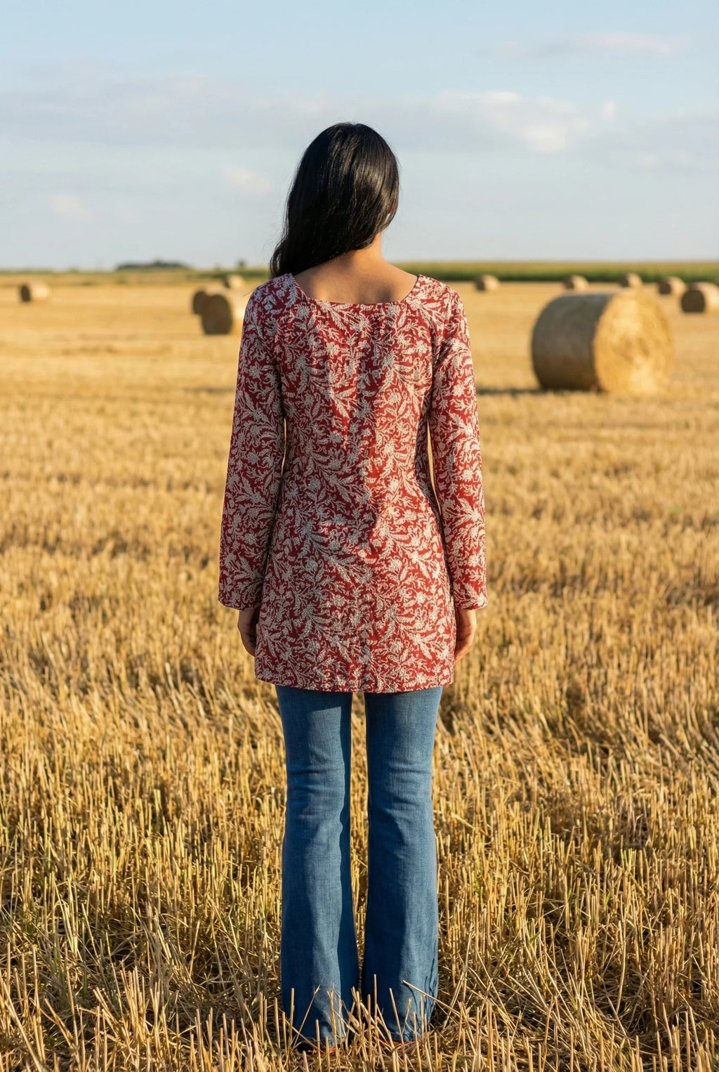 Red Floral Print Square Neck Full Sleeve Cotton Top for Women - SanskrutiHomes 