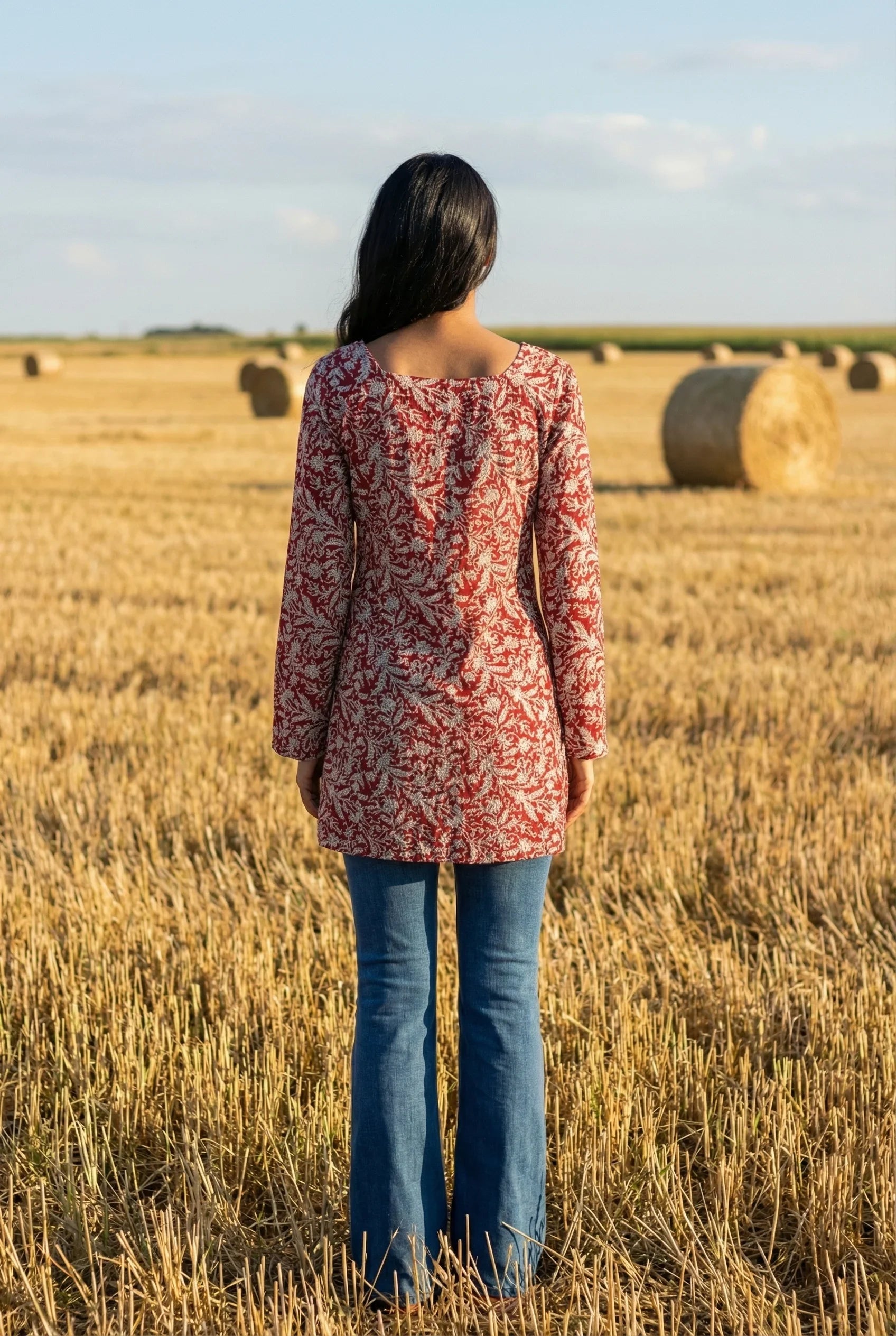Red Floral Print Square Neck Full Sleeve Cotton Top for Women - SanskrutiHomes 