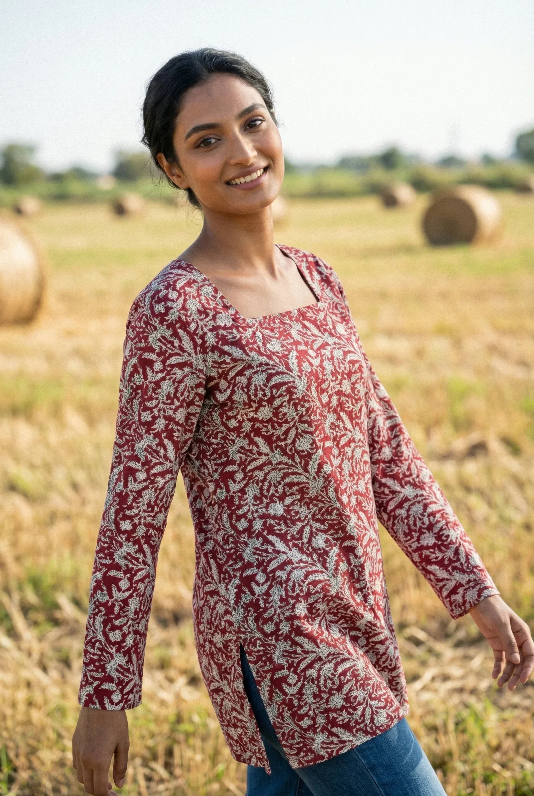 Red Floral Print Square Neck Full Sleeve Cotton Top for Women - SanskrutiHomes 